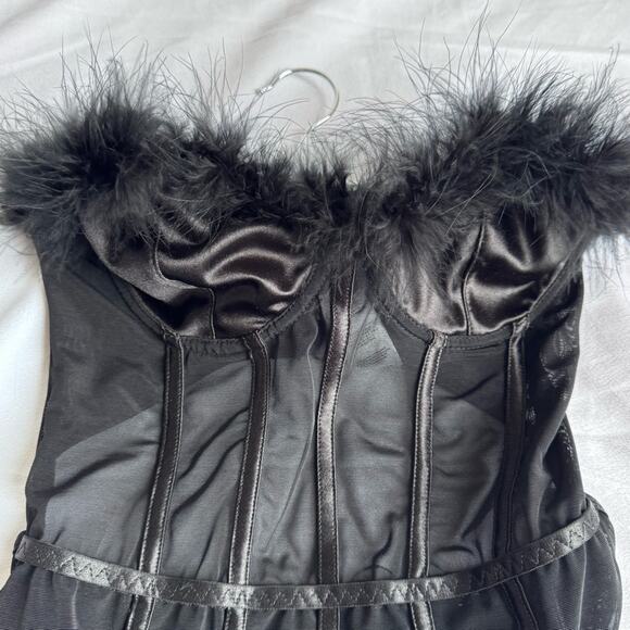 NEW Nasty Gal Satin Corset Bodysuit Feather Medium Cosplay Mesh Sheer Dark Angel - Picture 8 of 10